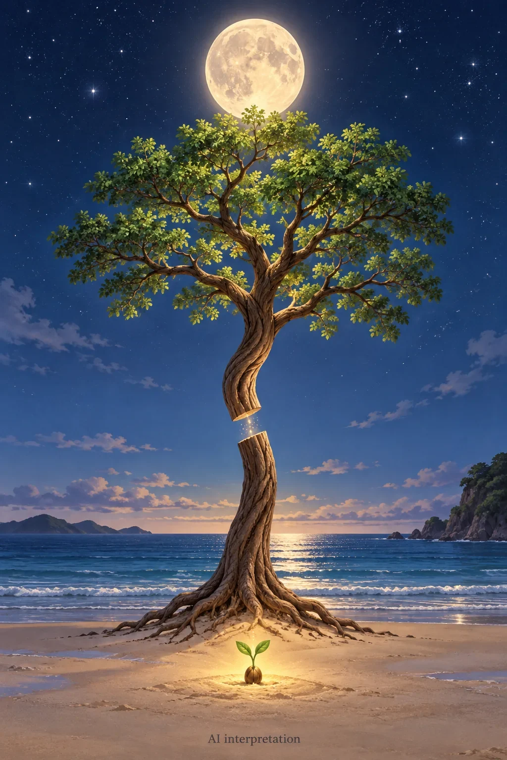 Seed and tree reaching an imagined moon