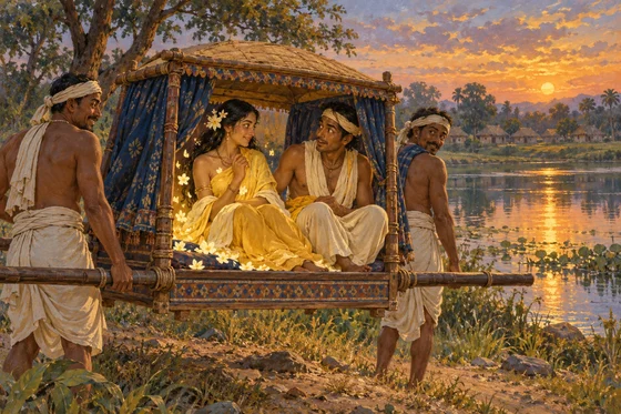 A woman in yellow sits beside her bridegroom in a decorated palanquin by a village tank, with flower shapes around her and two bearers outside.
