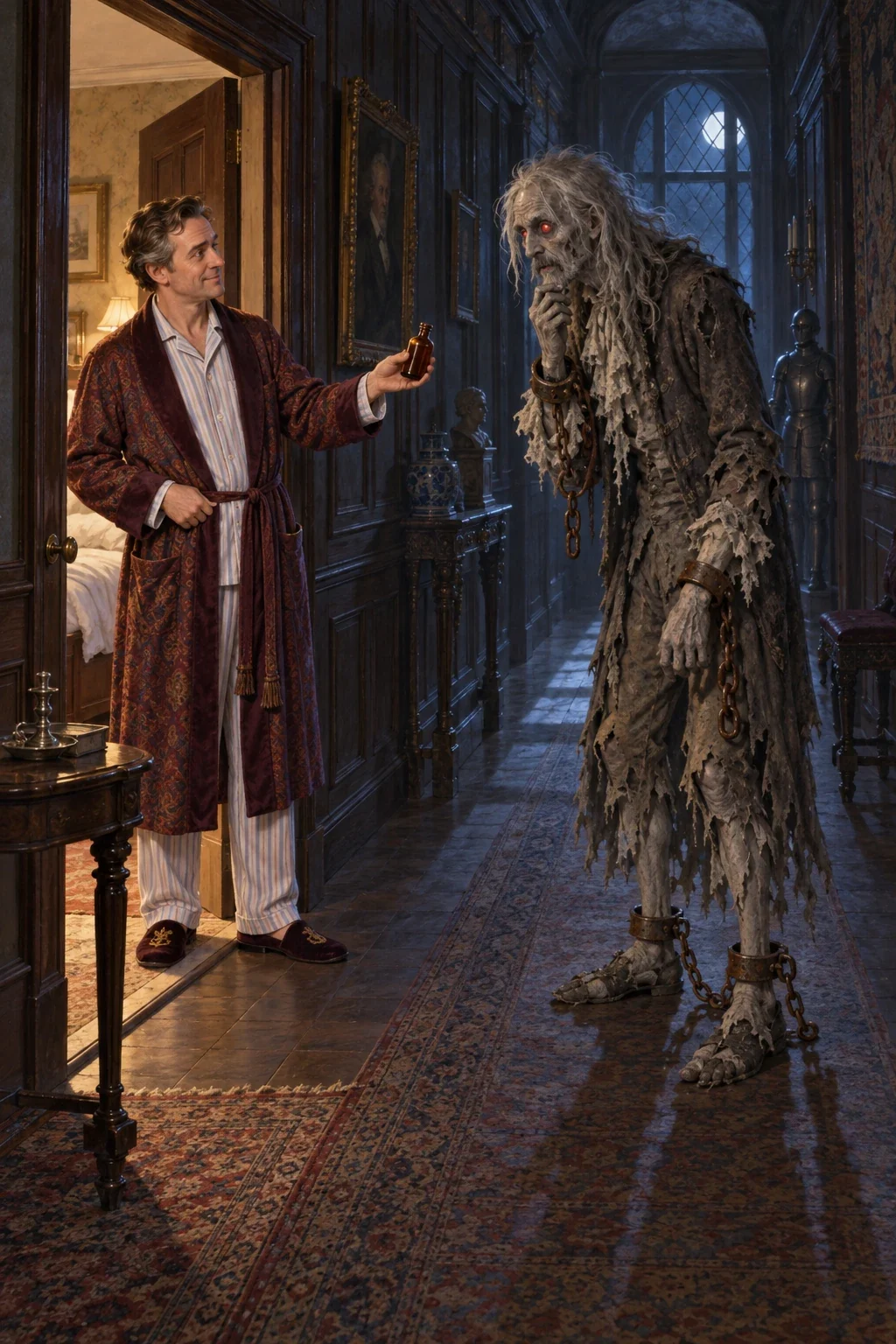 AI interpretation of Hiram Otis offering lubricant to the noisy chained ghost.