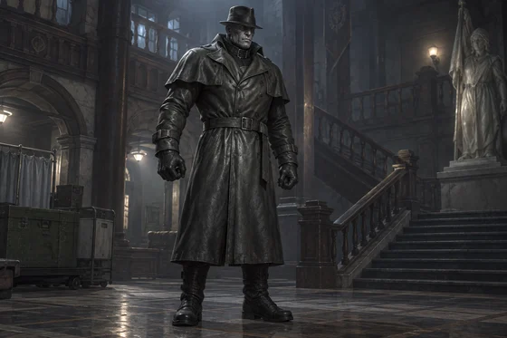 Pale trench-coated humanoid stands in a dim mansion.