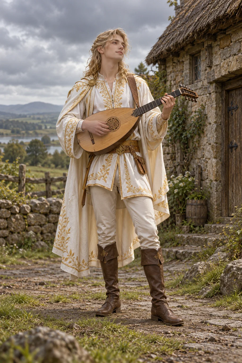 Young Arasmon in white and gold, playing his lute.
