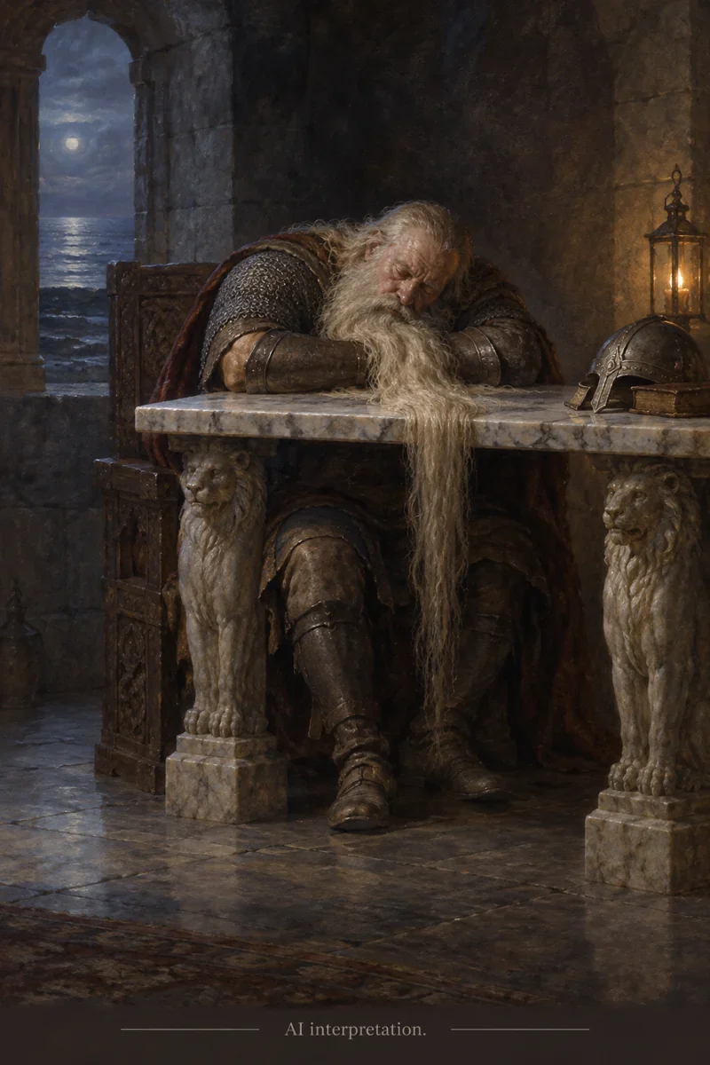 AI interpretation of sleeping Holger. Armour, chamber and body imagined; no sculpture copied.