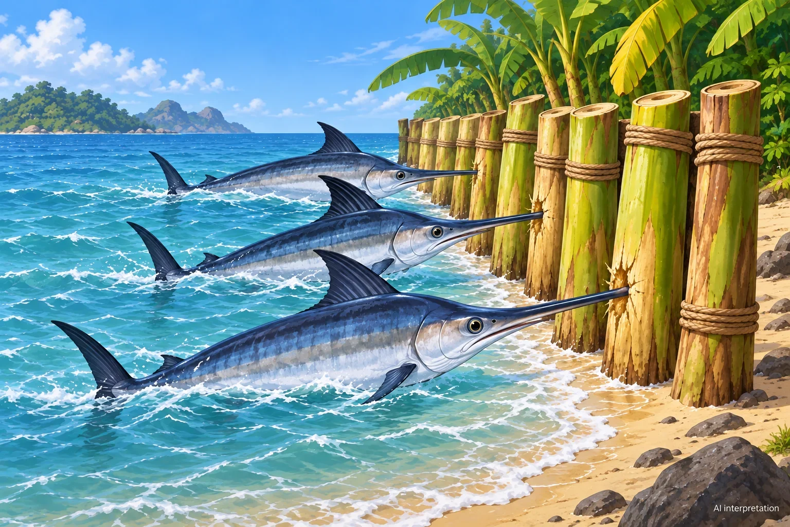 Fish against banana trunks
