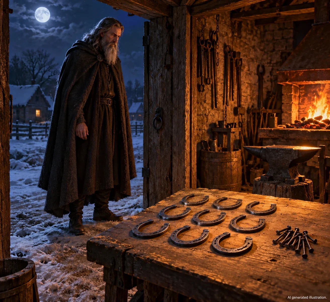 Imagined Kong Tolv approaching nine horseshoes at a forge.