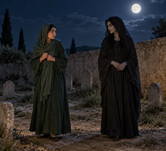 Two separate adult female figures in plain robes stand by an imagined cemetery wall in moonlight.