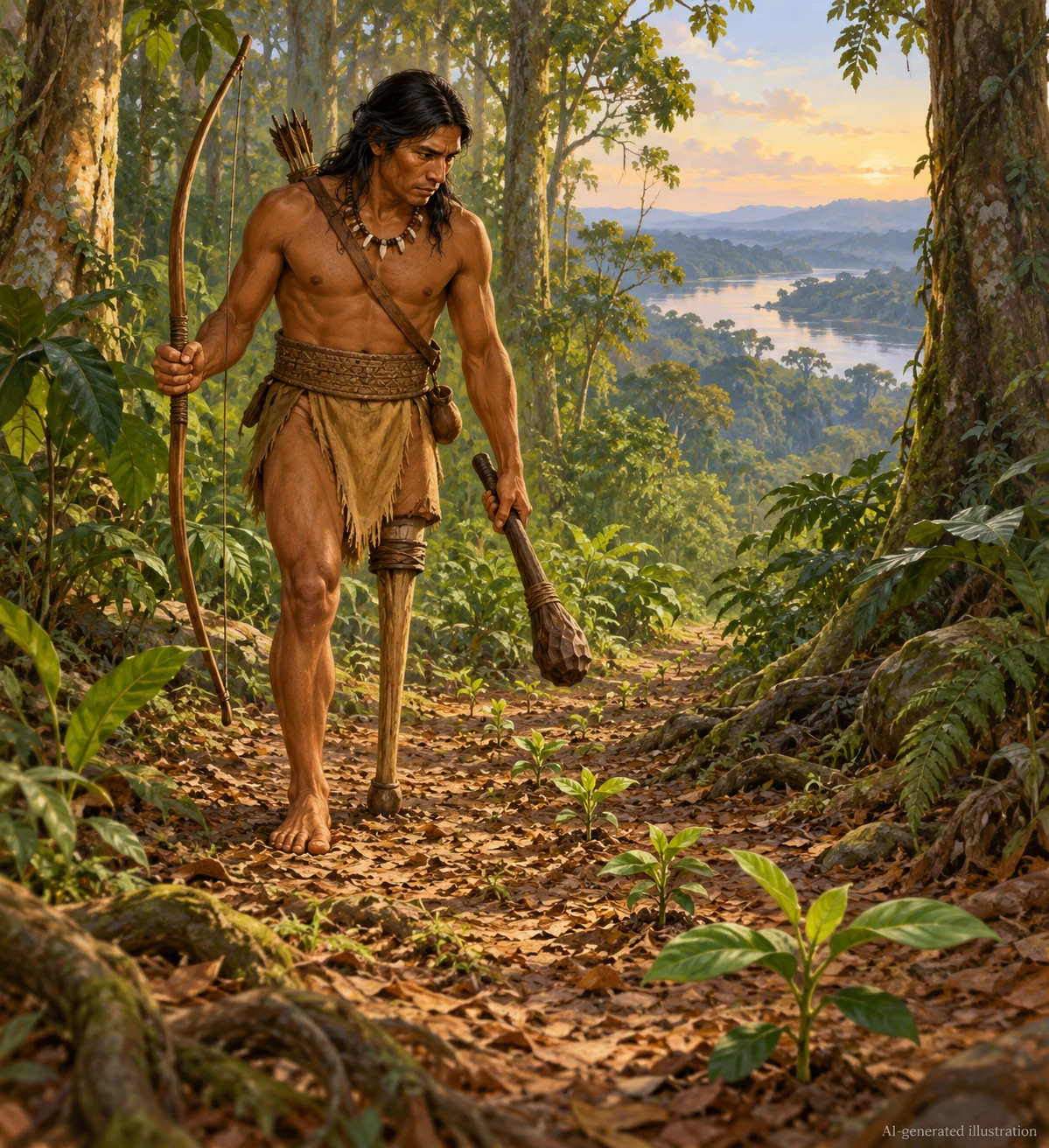 An imagined Serikoai follows avocado seedlings with a bow, club and wooden support beside his surviving leg.