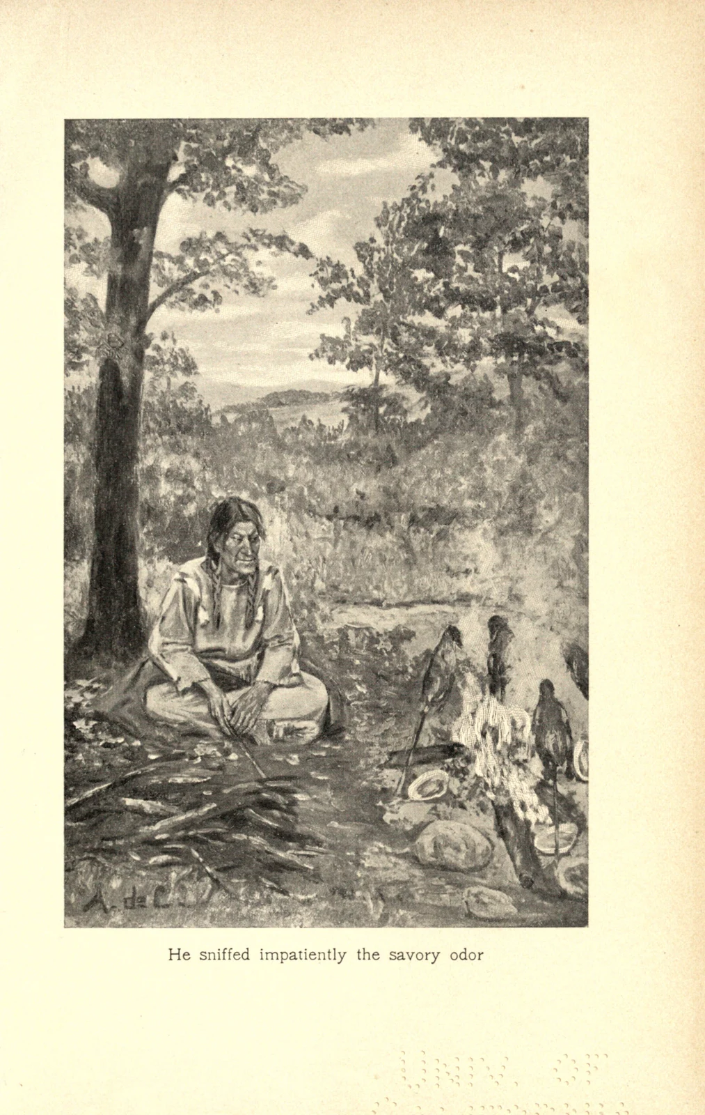 Angel De Cora’s Iktomi waits beside roasting ducks, Old Indian Legends,1902 edition