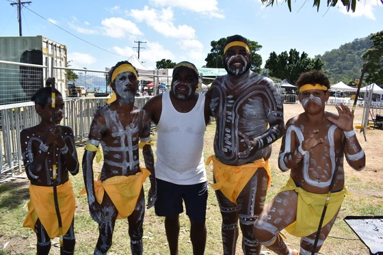 Bwgcolman dancers and a festival participant at Palm Island’s Deadly Didge ’n’ Dance Festival, April 2018