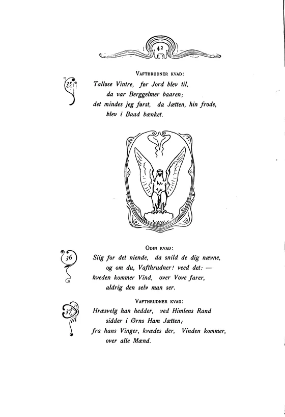 Frølich’s eagle-formed Hræsvelgr beside Vafþrúðnismál verse 37, 1895