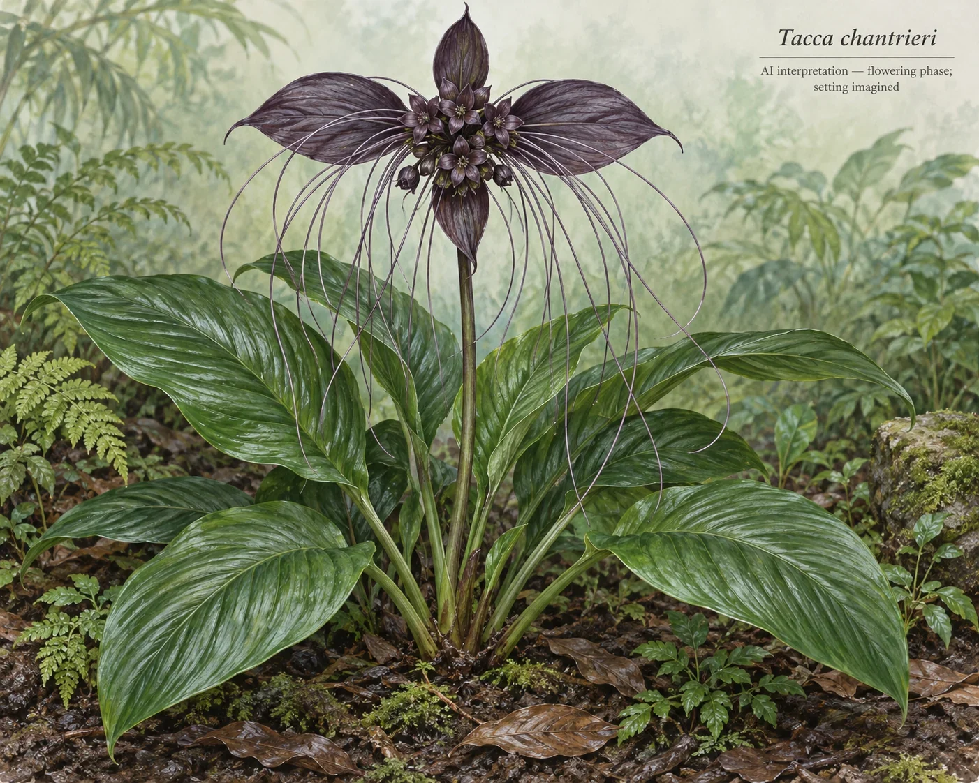 AI dark bracted bat flower with threadlike bracteoles.