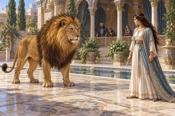 Imagined whole lion faces an adult princess in a courtyard while an ape and court witnesses watch.