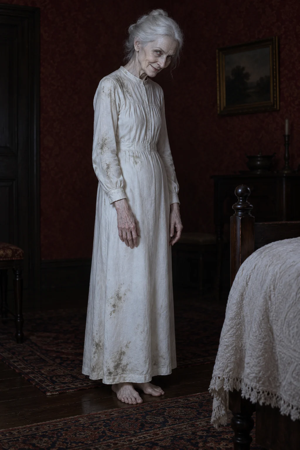 A complete old white-haired woman in a stained opaque white garment stands beside a bed in a dim chamber.