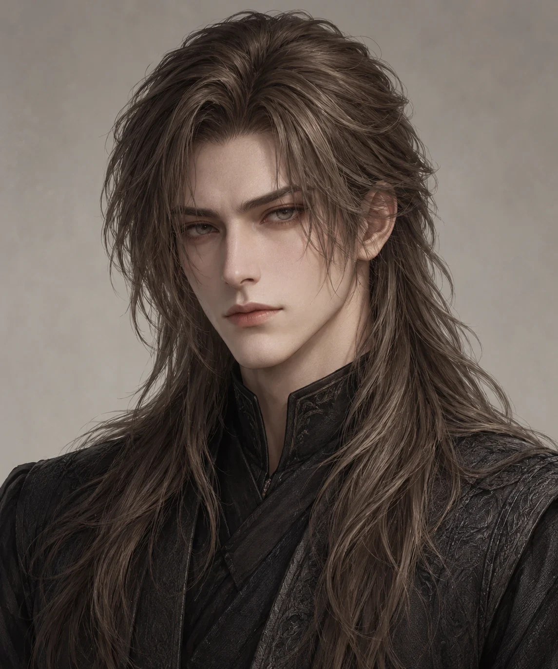 Original independent portrait of Rygdea: fair face, narrow eyes, long layered ash-brown hair framing his face, dark high collar.