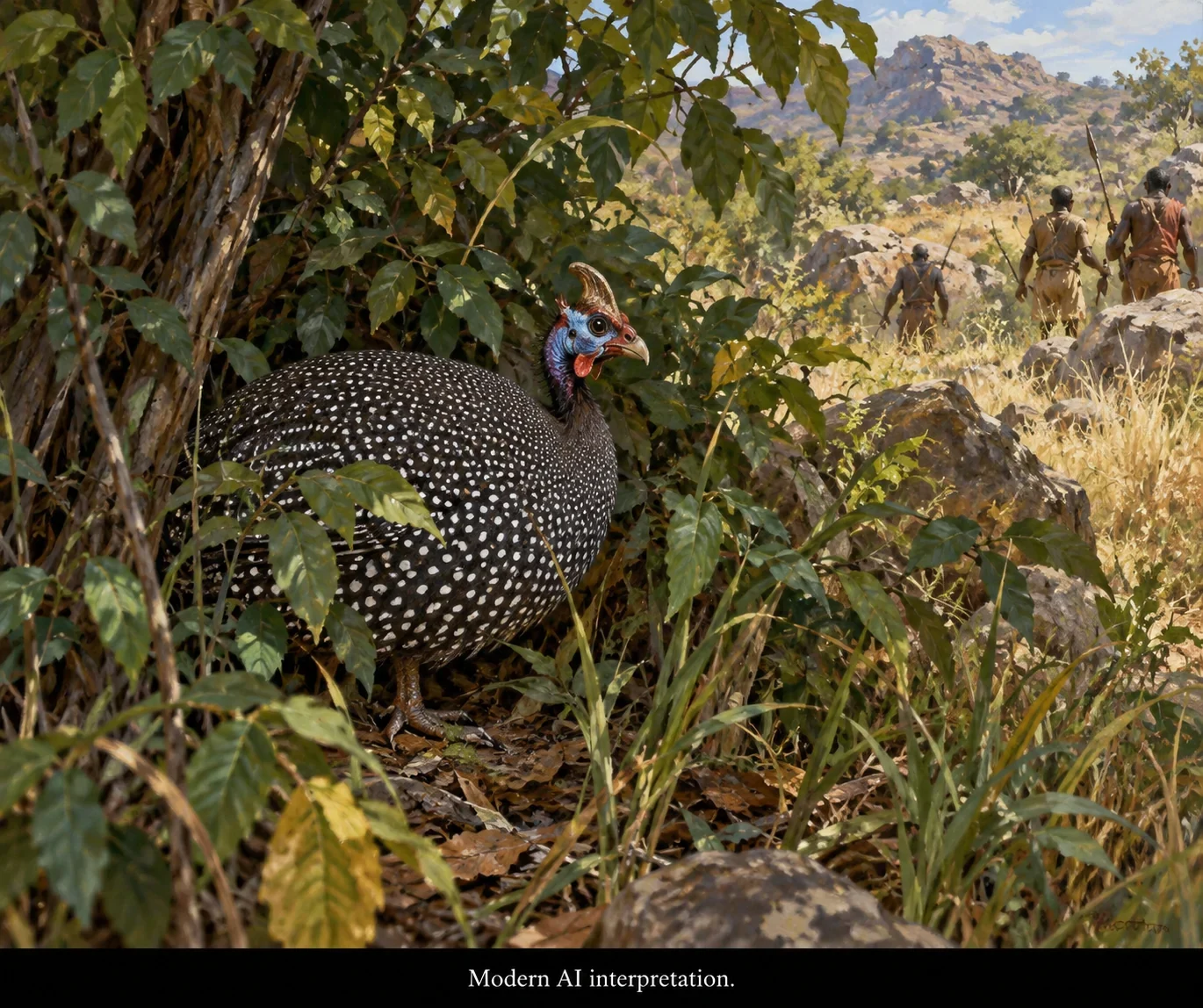 AI interpretation of Mbona hiding as a guinea fowl.