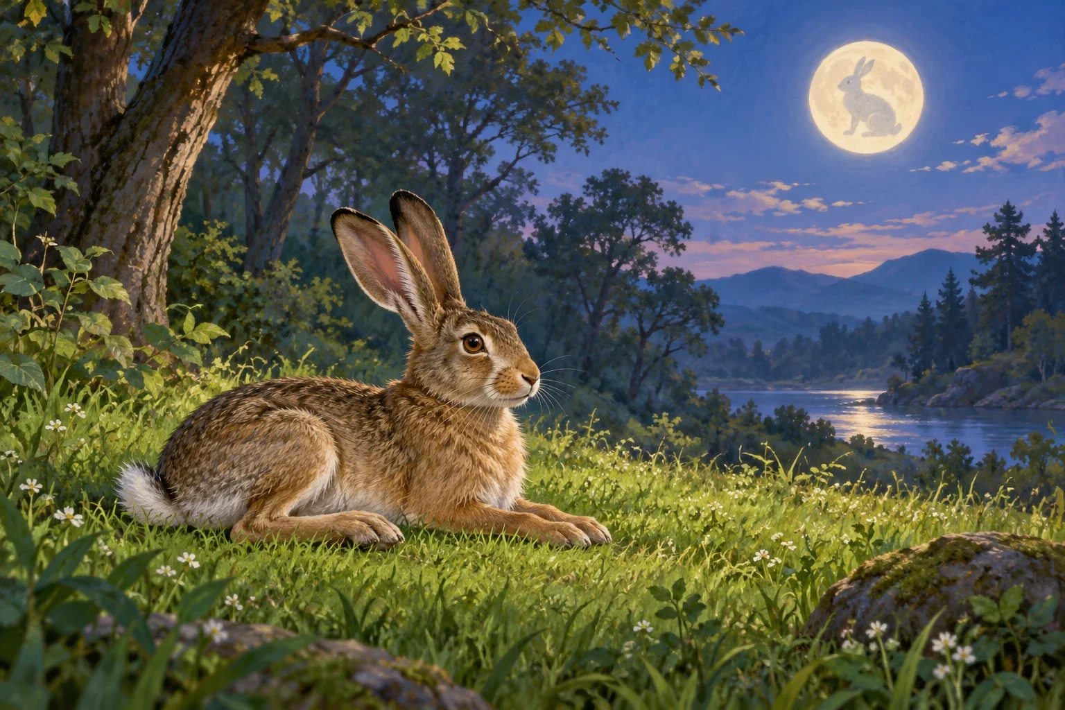 A calm living hare rests on forest grass beneath a moon bearing an imagined hare-shaped mark.