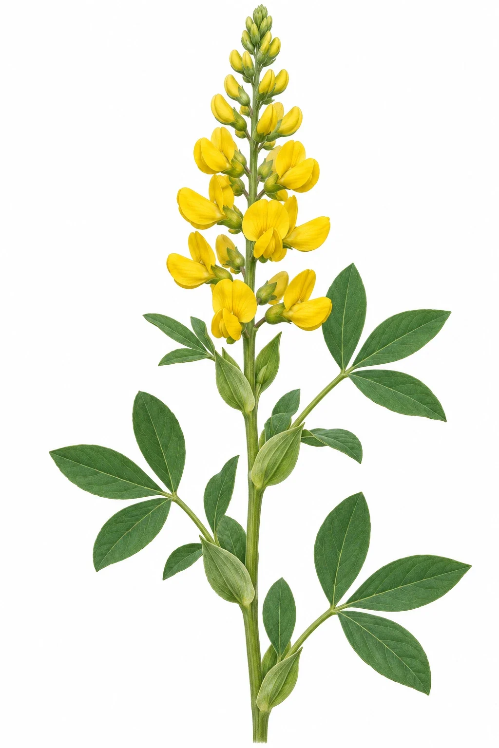 A perennial with upright yellow pea-flower clusters.