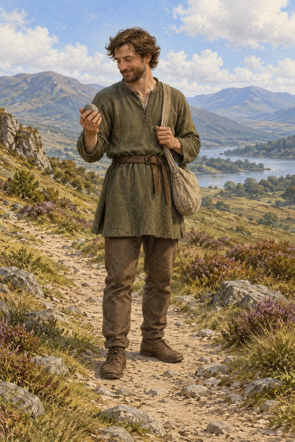 Complete adult traveller holds an ordinary-looking wishing-stone on a path.