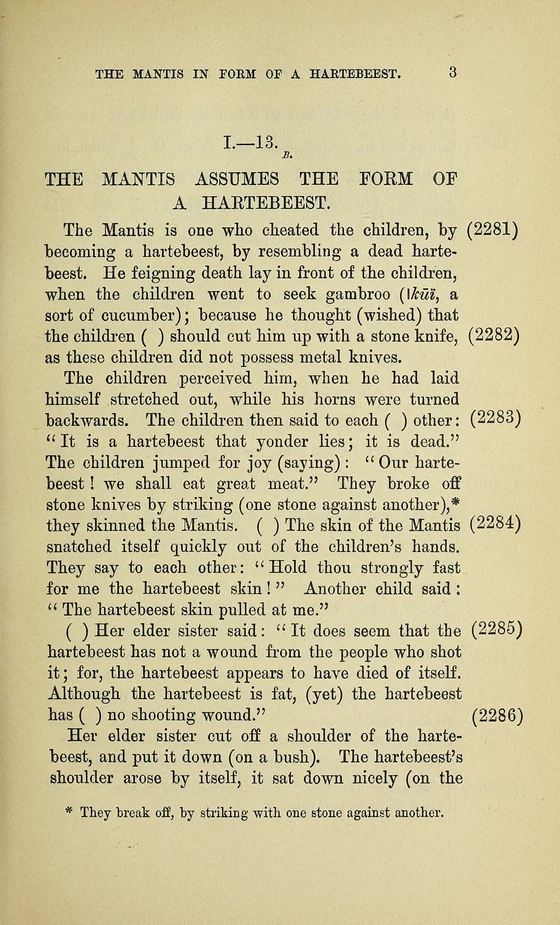 The Mantis assumes the form of a Hartebeest, page3, historical printed text witness; documentary source-page facsimile