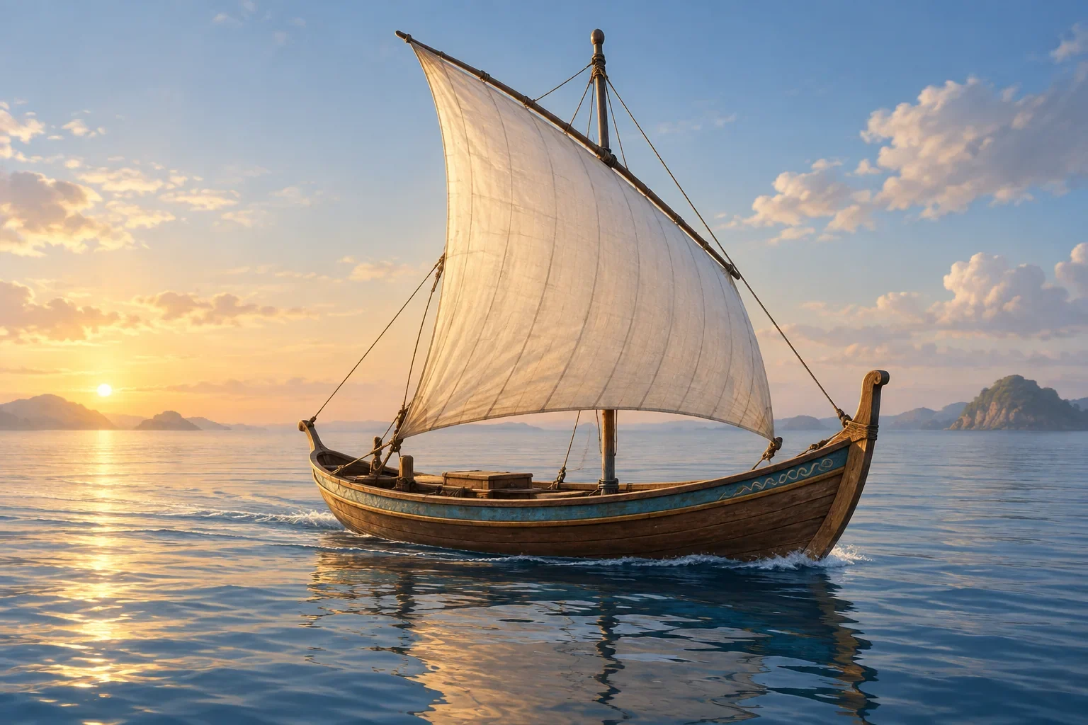Imagined whole boat with wind-filled sail