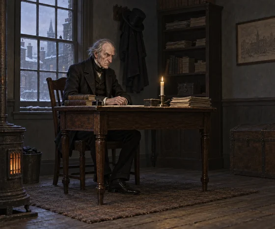 Imagined Ebenezer Scrooge in a quiet original-novel portrait.