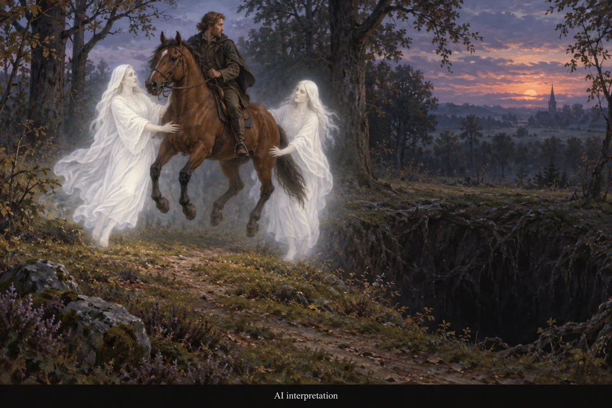 AI interpretation of Zwiep’s rescue. Two imagined apparitions lift horse and rider; no cultural portrait.