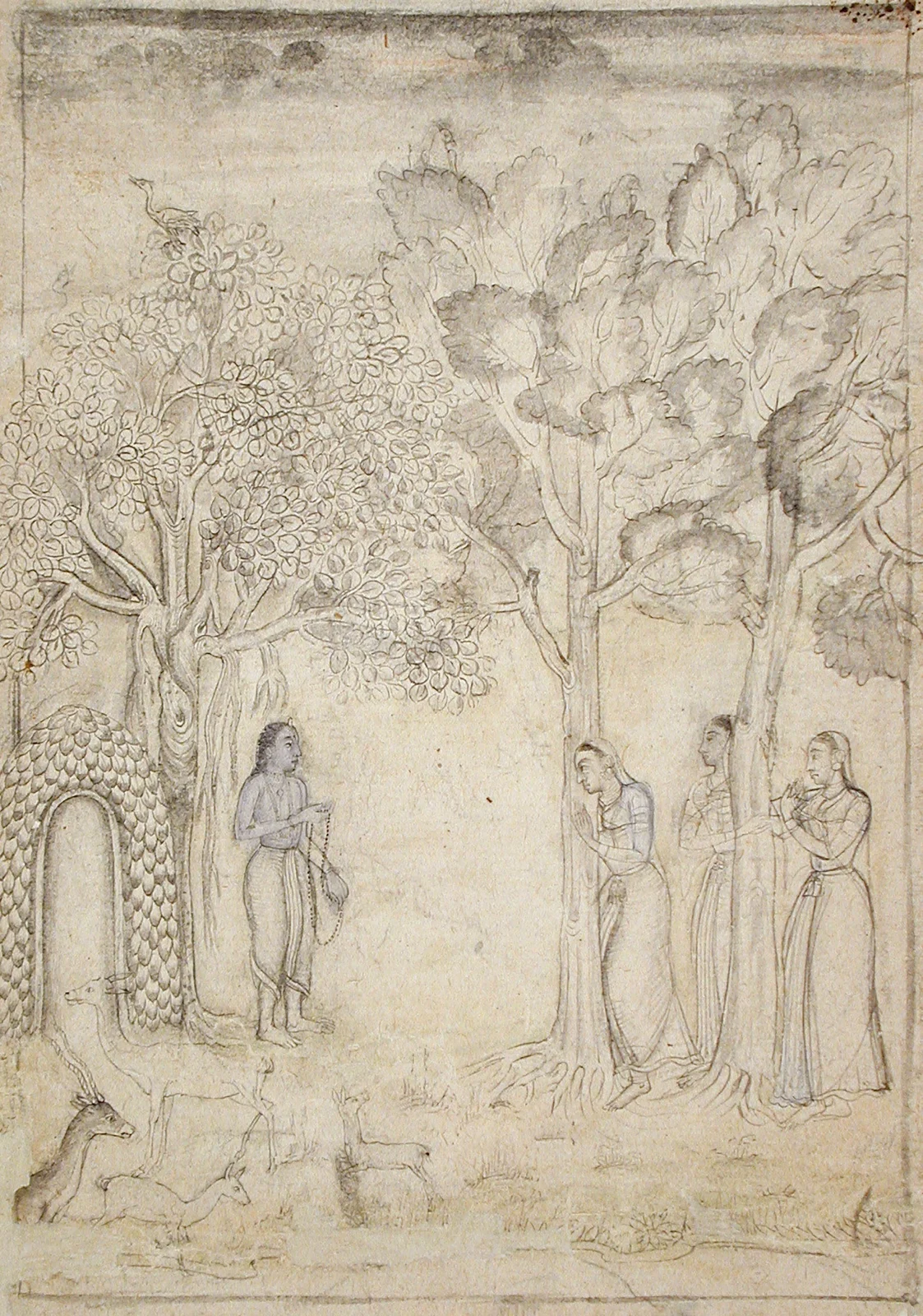 Mughal drawing of Rishyashringa holding a rosary outside his forest hermitage as three women approach