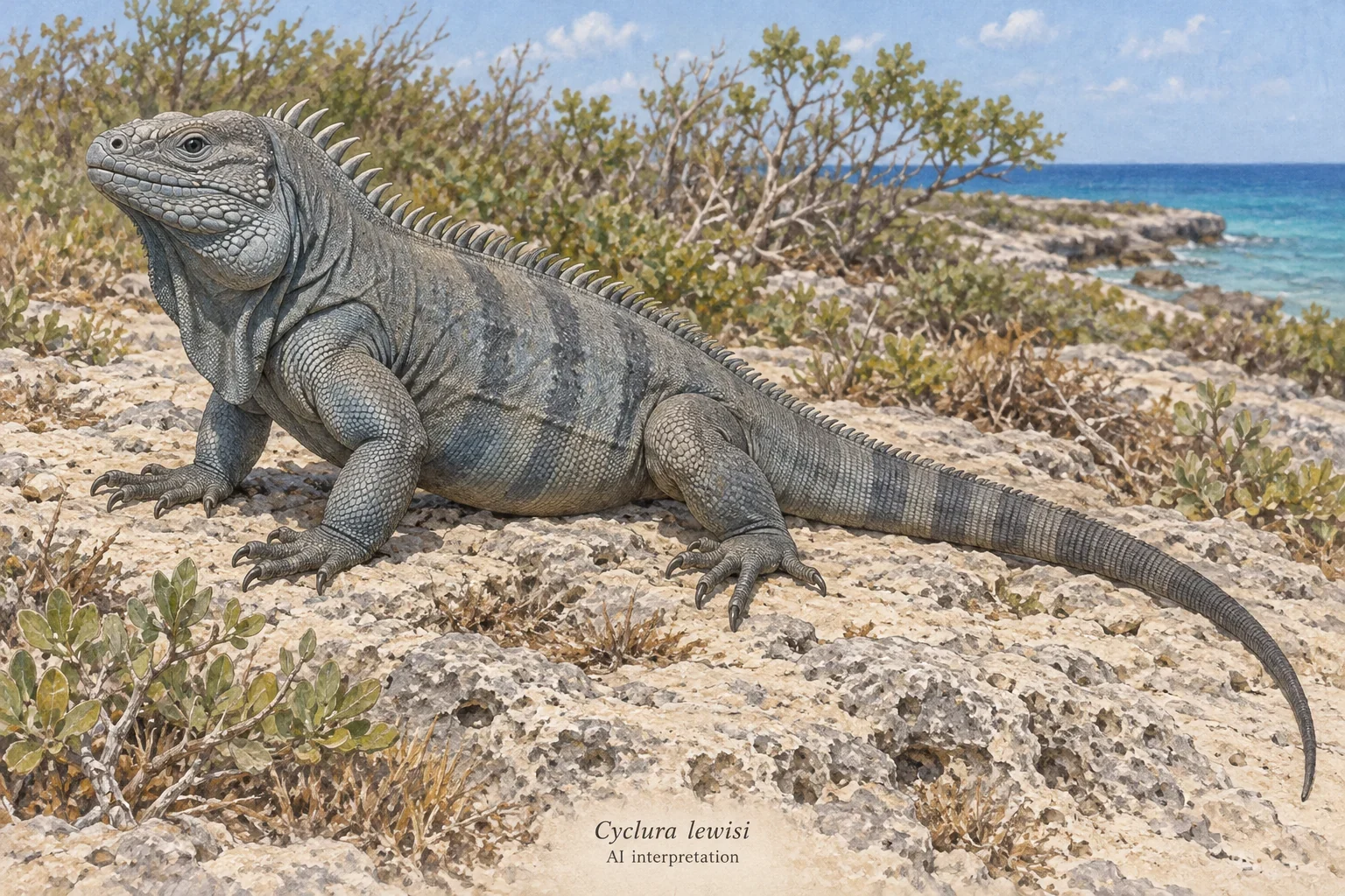 AI illustration of a blue-grey Grand Cayman iguana basking with its full tail visible.