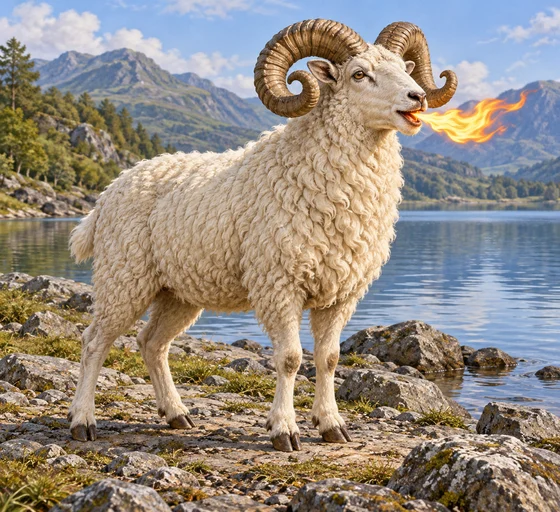 A complete ivory-fleeced ram with two curled horns stands by a lake, a small flame issuing from its mouth.