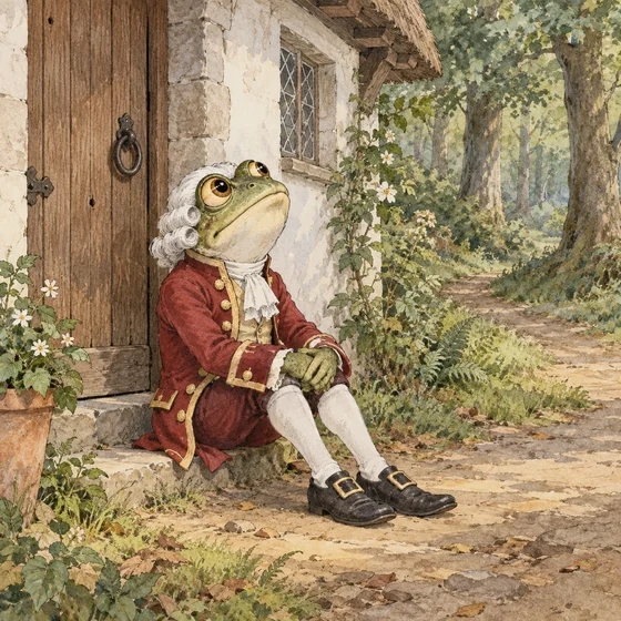 Unofficial modern AI interpretation of Carroll’s Frog-Footman sitting beside the Duchess’s door, with round face, high eyes, livery and curled powdered hair. Skin colour, costume details and house are imagined.