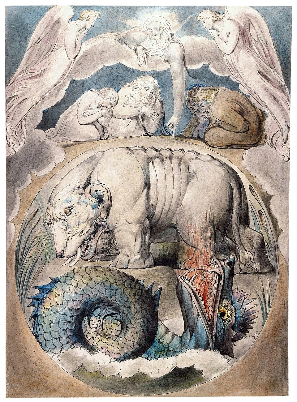William Blake illustration of biblical Behemoth and Leviathan