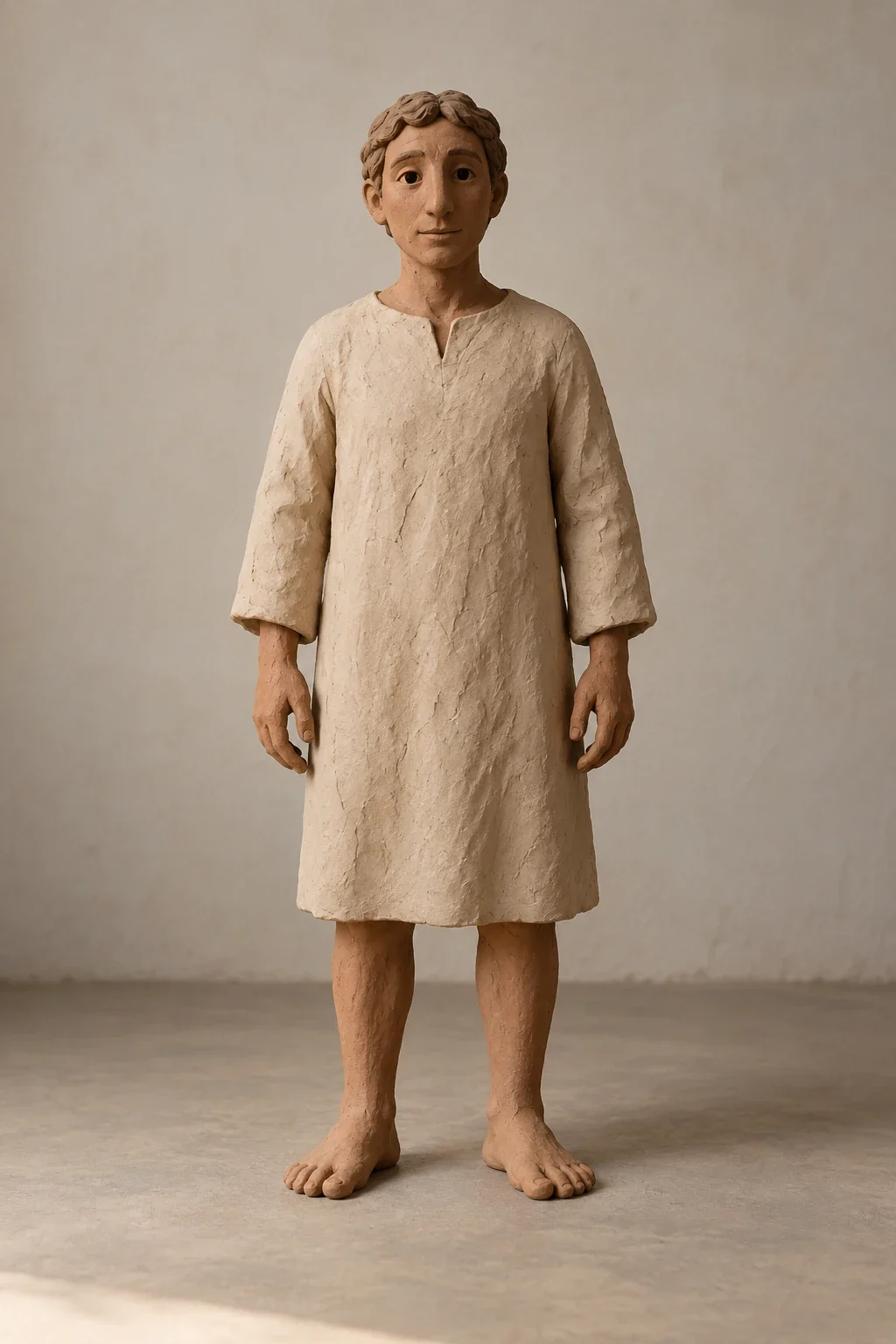 A complete clay human-shaped figure in a plain tunic stands quietly in an imagined room.