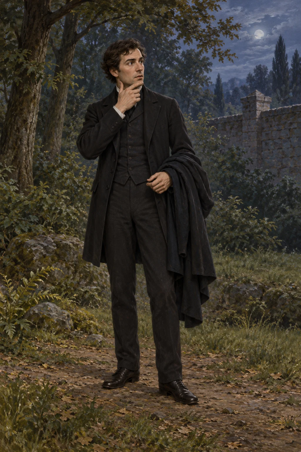 An imagined complete human Nuth, rubbing his chin and carrying a folded cloak.