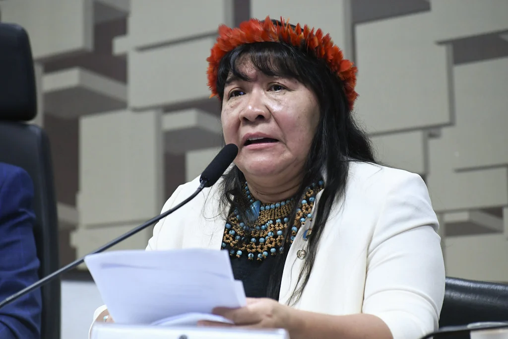Joenia Wapichana speaks into a microphone while holding papers at a Senate hearing, wearing a white jacket, red feather headband and necklaces.