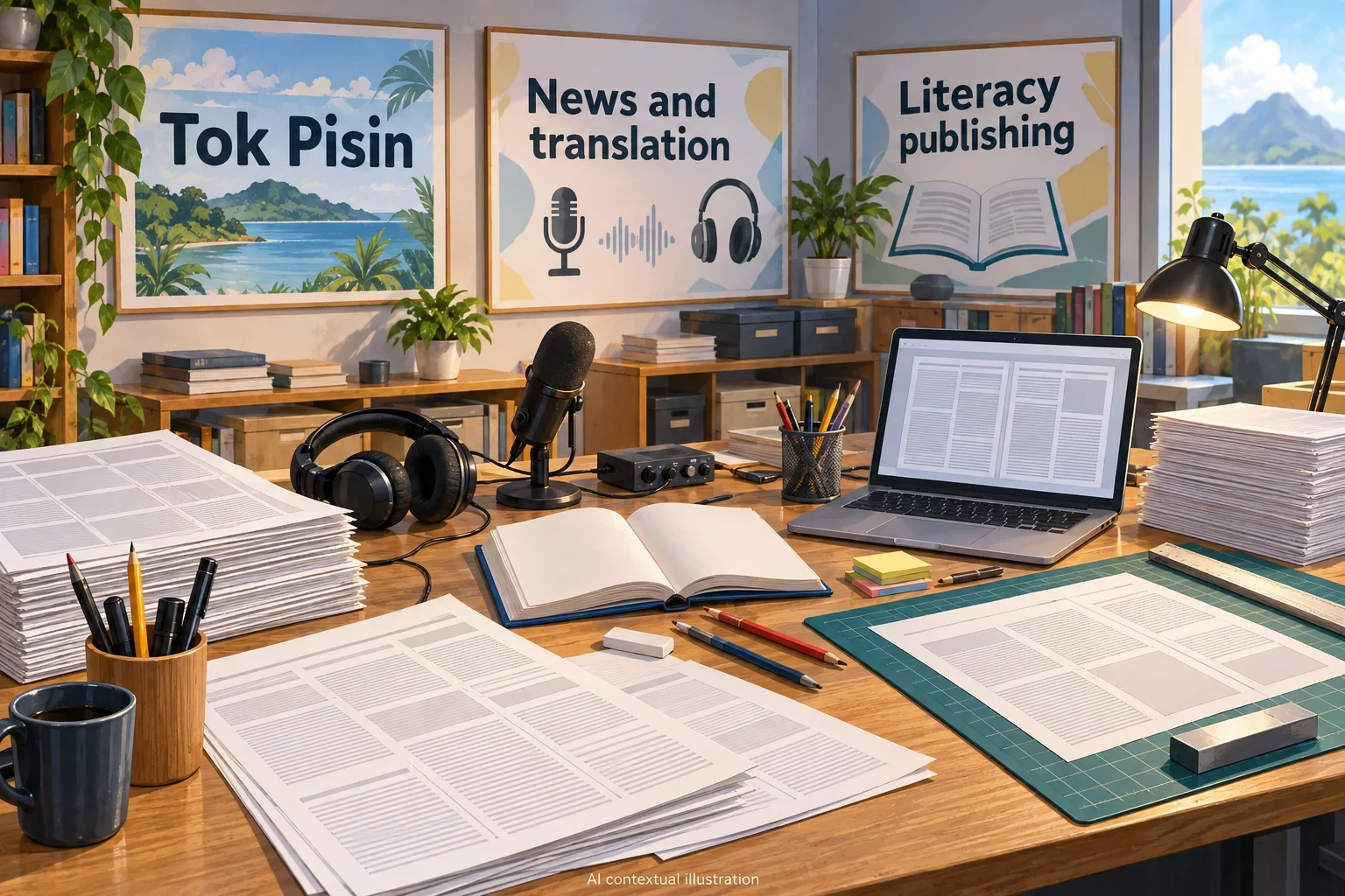 AI concept of Tok Pisin news, translation and literacy publishing.