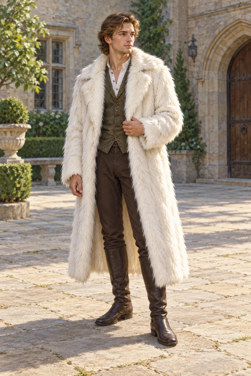 A complete young gentleman wears a white fur mantle in a quiet manor courtyard