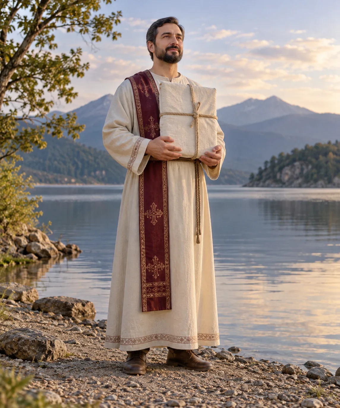 Imagined deacon holding wrapped symbolic icon