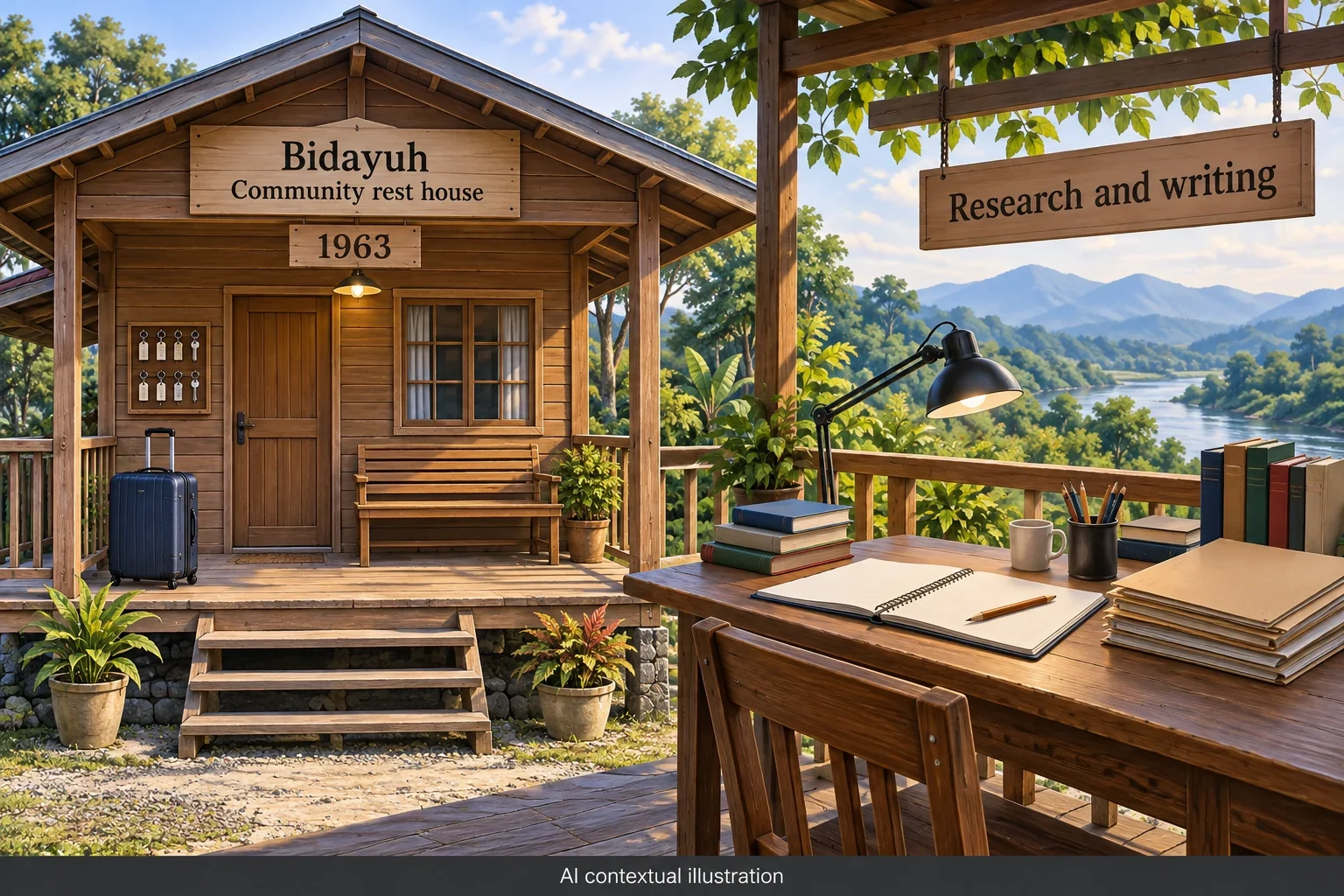 AI concept of Bidayuh community accommodation and research, with imagined buildings and writing tools.