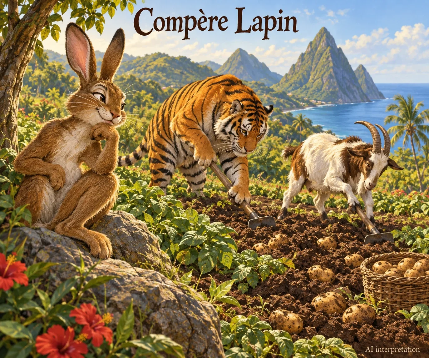 Modern AI composite of Lapin watching a tiger and goat dig potatoes; companions invented for this scene.