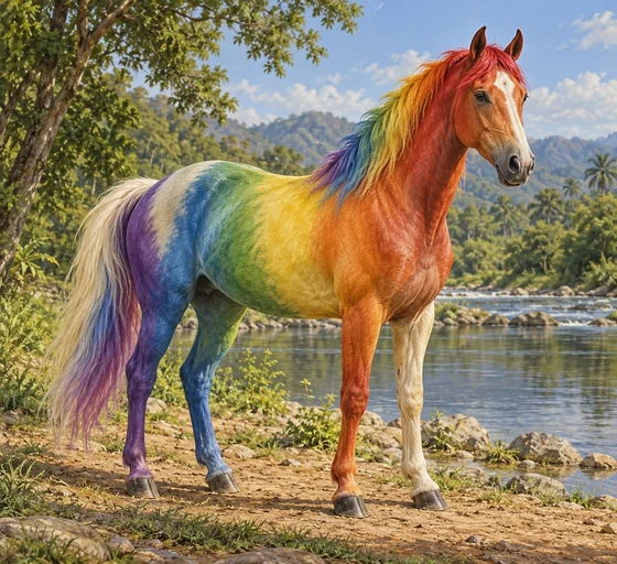 A complete horse with a multicoloured coat stands beside a quiet river