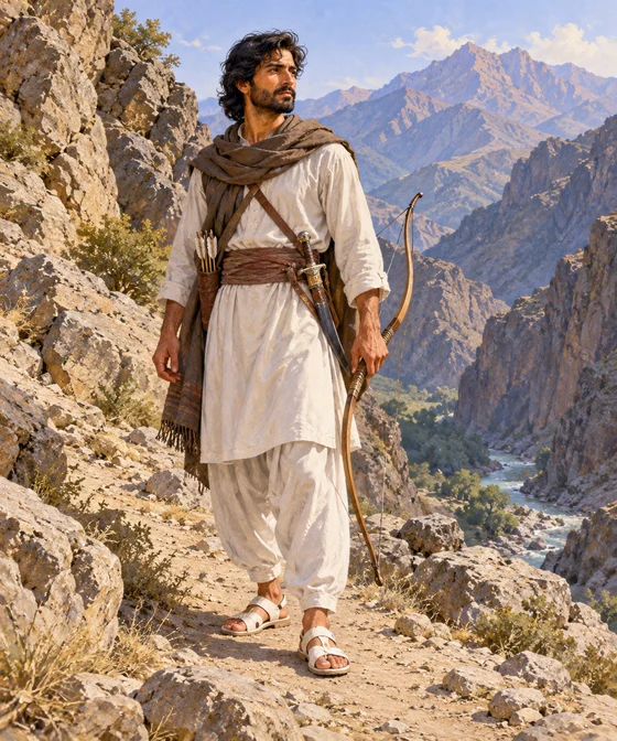 Complete Balach with a lowered bow and white sandals in an imagined mountain setting.