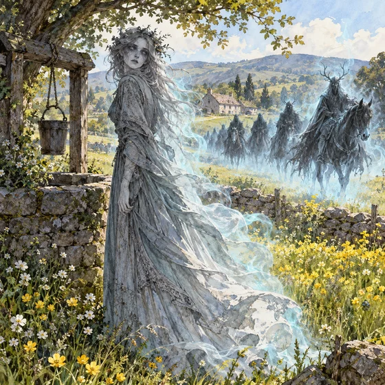 An imagined Noonwraith beside a field well with spectral projections behind her.
