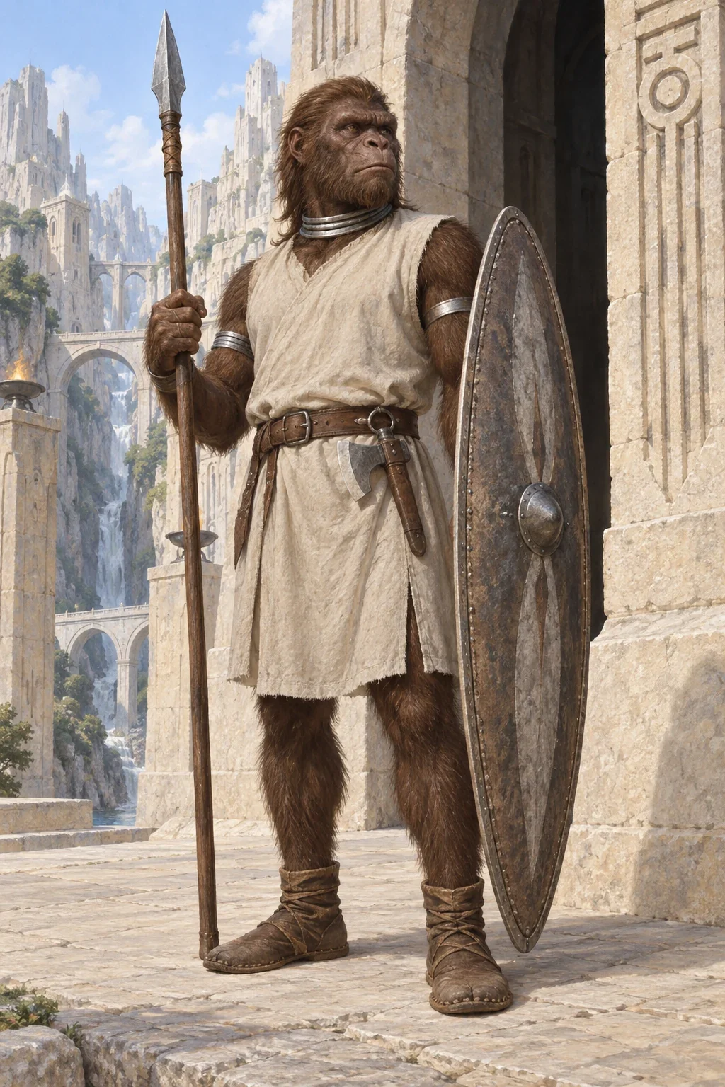 Unofficial AI interpretation of a fictional Sagoth guard, following brown hair, humanlike limb proportions, cloth tunic, hide shoes, spear and oval shield. Clothing details, fittings and architecture are imagined; this is not a real-community portrait or official artwork.
