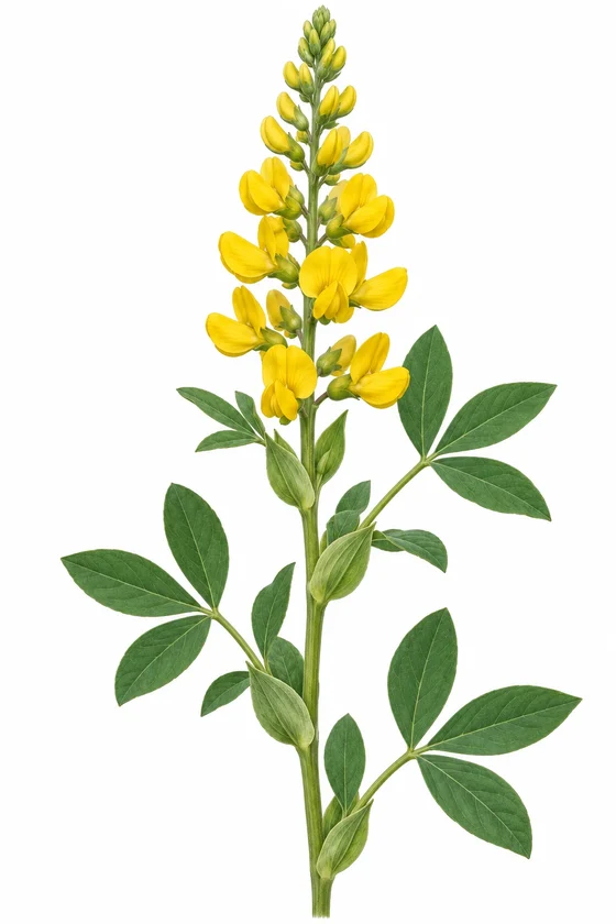 A perennial with upright yellow pea-flower clusters.