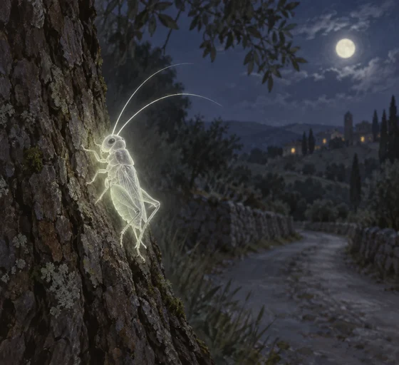 Unofficial AI interpretation of the Talking Cricket’s pale-lit ghost on a tree trunk. This follows the selected night-road episode; precise insect anatomy, colour, scale, bark and distant setting are imagined. No adaptation costume or general glowing living-cricket claim is intended.