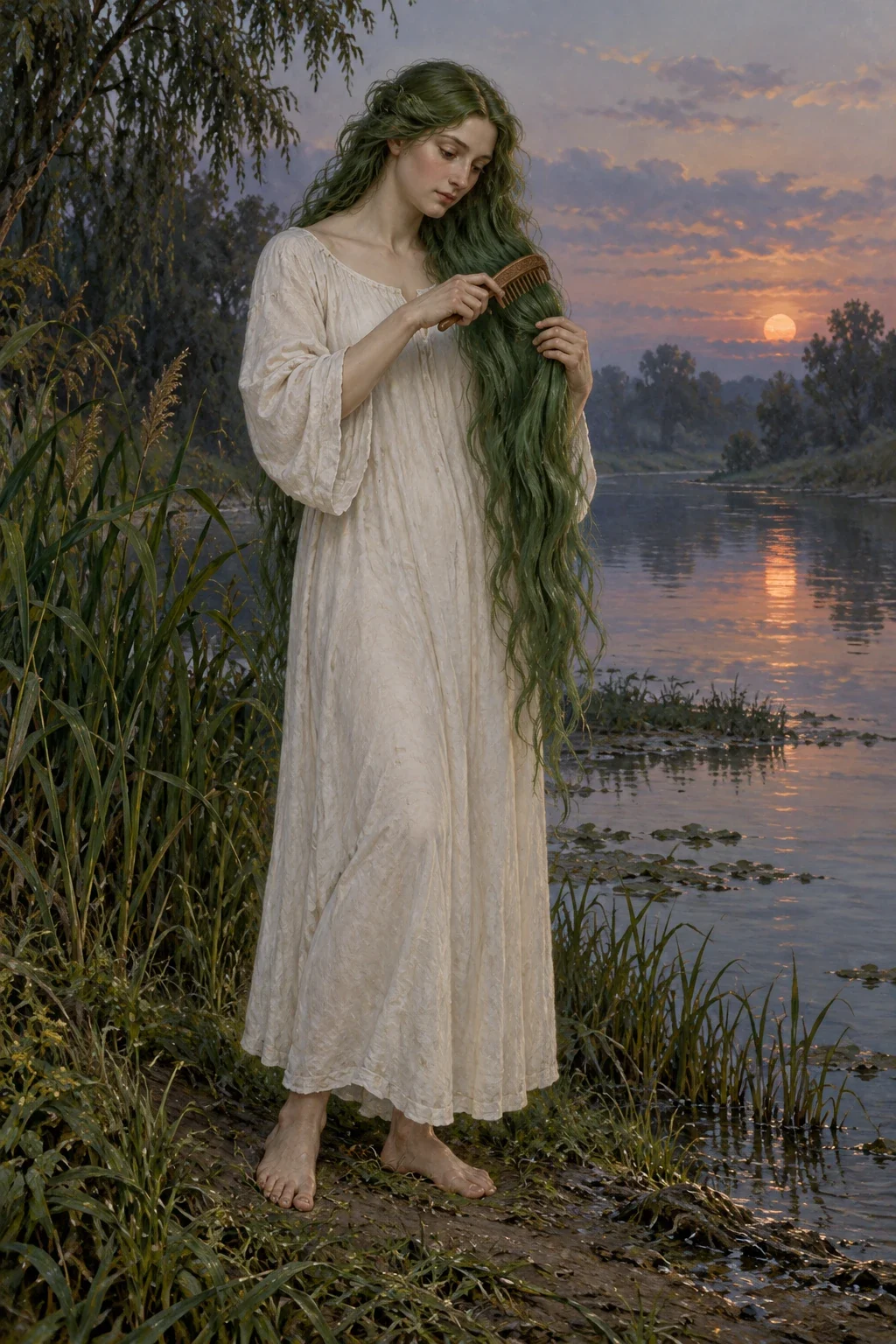 AI interpretation of a green-haired adult Rusalka combing her hair beside a river in an opaque white shift