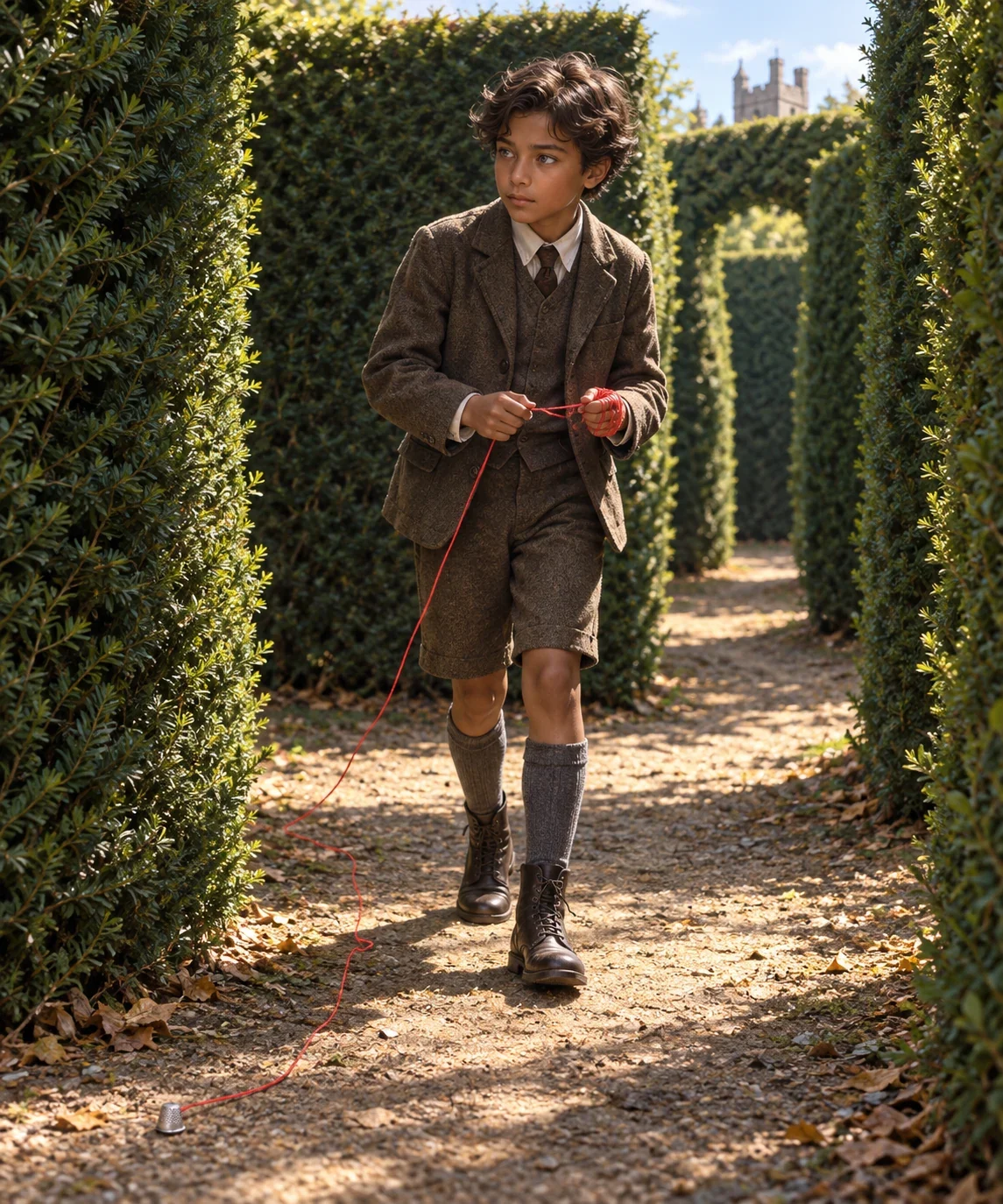 Imagined Gerald winds a red thread around his fingers while following its trail through a sunlit yew maze.