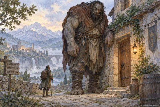 Whole immense imagined Itrimobe beside doorway with smaller traveler; fantasy architecture, sign and costume invented, not a specific tale event or authentic Malagasy setting.