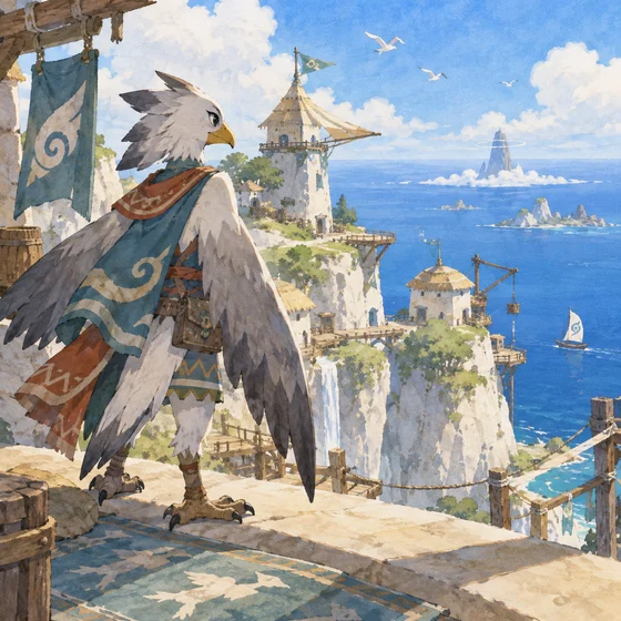 An avian Rito with wings overlooks an island settlement.