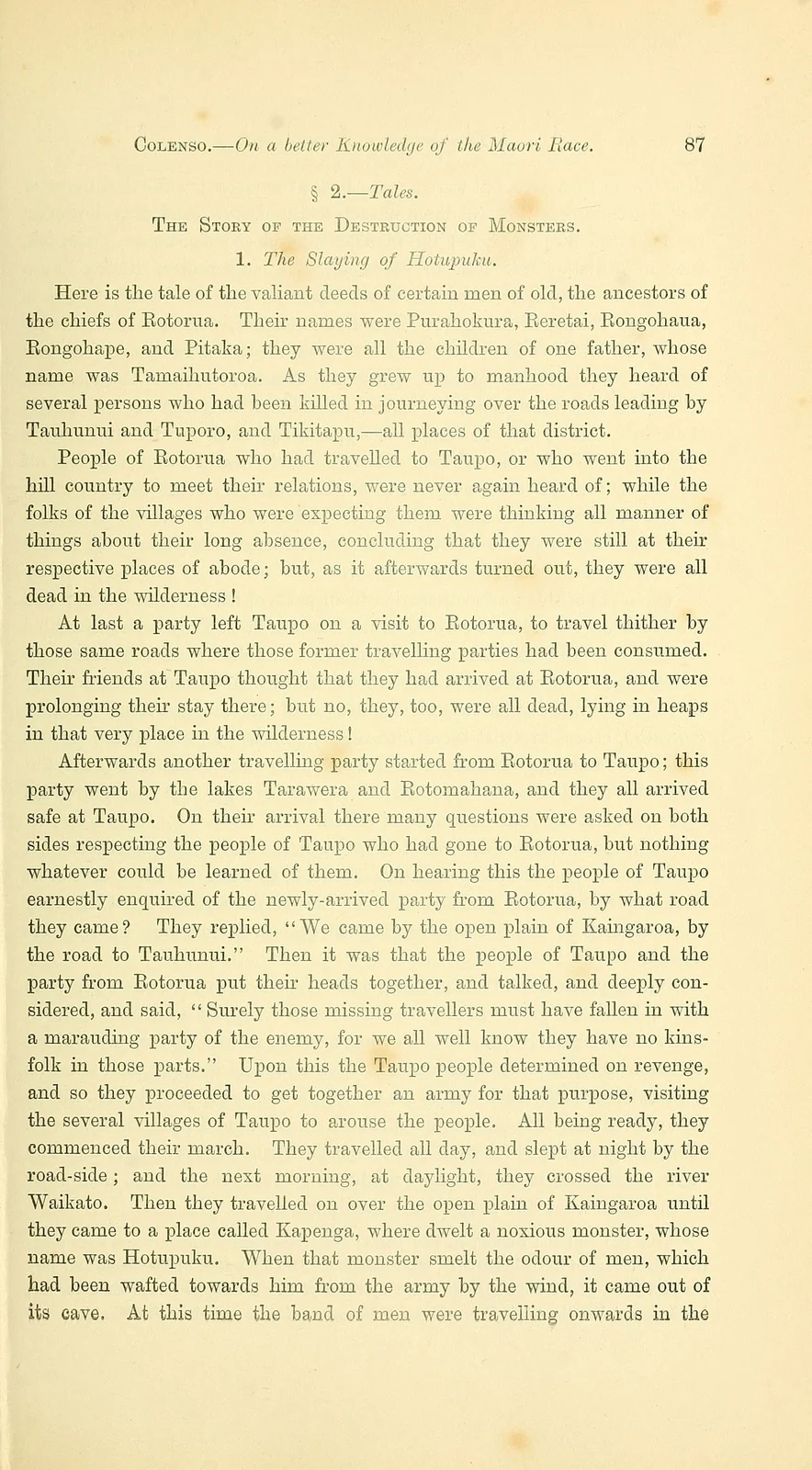 Hotu-puku monster narrative, historical printed text witness; documentary source-page facsimile