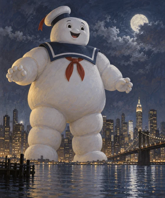 Giant marshmallow sailor stands above a moonlit city.